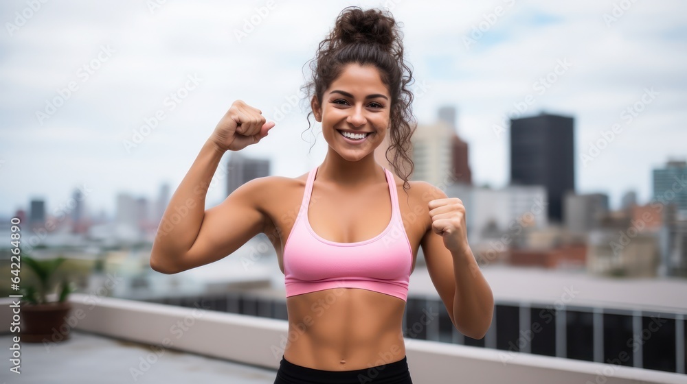 Portrait of a smiling sportswoman in pink sportswear showing her thumb up and her biceps over the city background and Looking at the camera.