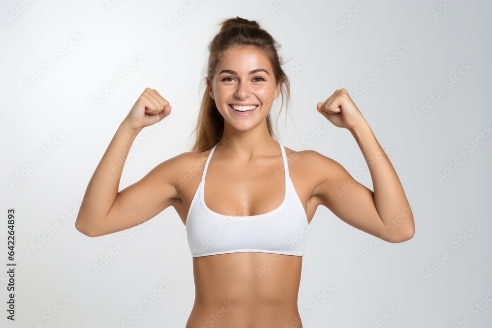 Portrait of a smiling sportswoman in white sportswear showing her thumb up and her biceps isolated on a white background and Looking at the camera. Portrait of a smiling sportswoman in white sportswear showing her thumb up and her biceps isolated on a white background and Looking at the camera.