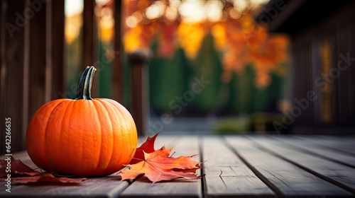 Portrait Pumpkin with maple leaf on the wooden table AI Generative photo