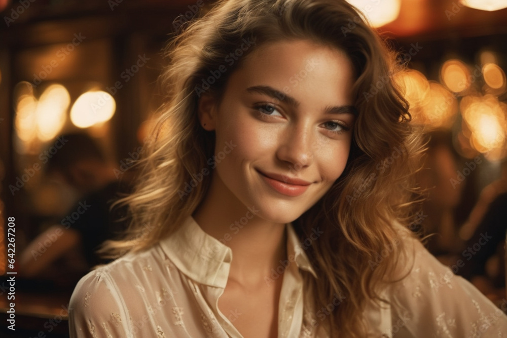 Photo of a 20-year-old French woman in a blouse in a bar