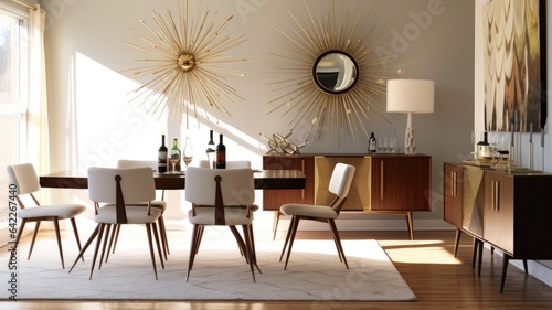 Interior design inspiration of Mid-century Modern Retro style home dining room loveliness decorated with Wood and Metal material and Sputnik Chandelier .Generative AI home interior design . © Summit Art Creations