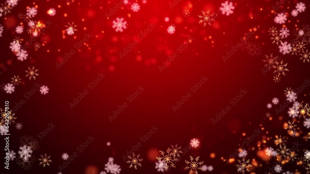 Shiny snowflakes and gold ornaments falling against a red Christmas background, creating a magical wallpaper. Shiny snowflakes and gold ornaments falling against a red Christmas background, creating a magical wallpaper.