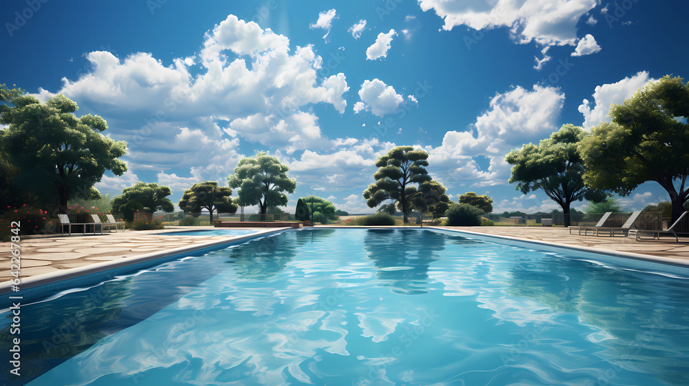 Swimming pool under a blue sky with billowing clouds