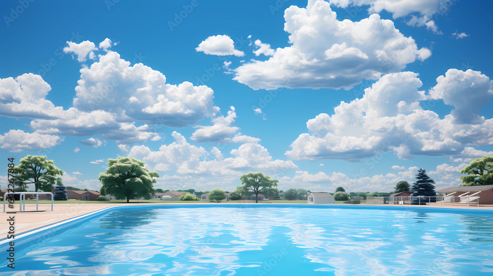 Swimming pool under a blue sky with billowing clouds