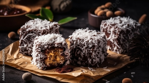 Australian Lamingtons cake. Sponge cake with chocolate glaze and grated coconut. Generative AI