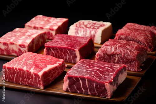 Various Wagyu Beef cuts arranged on a table, showcasing the texture, and quality of premium meat. Generative AI