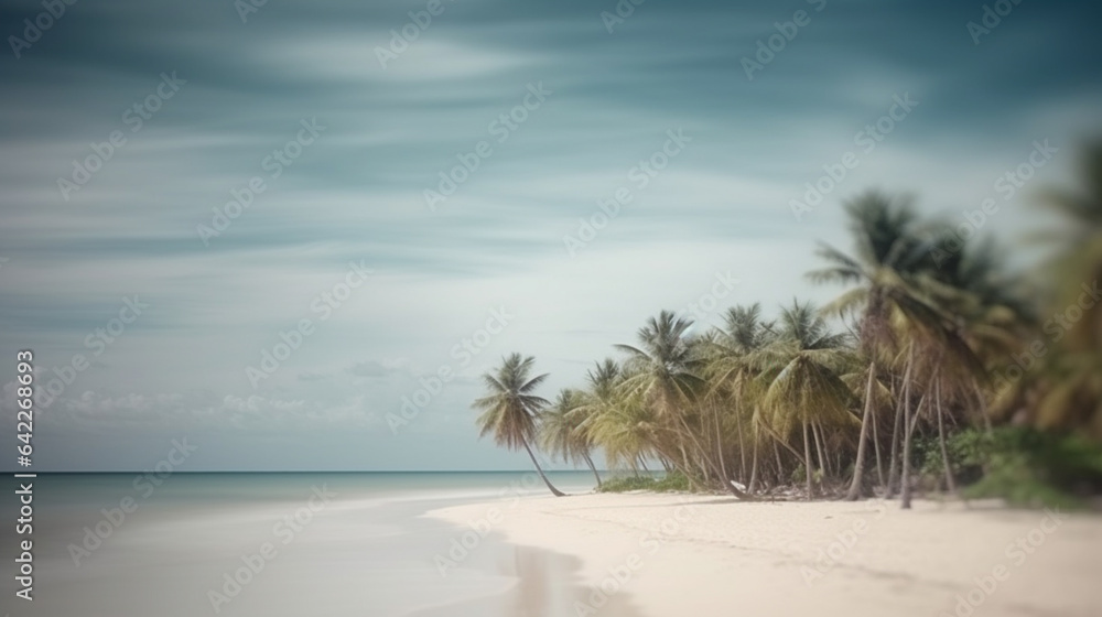 Blurred blue sky and sea with bokeh light and leaves of coconut palm tree. Generative AI