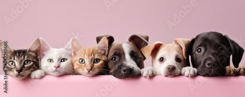 Dogs and Cats  peeking over the clear solid blue top line  petshop banner  happy  smile  funny. Generative AI image weber.