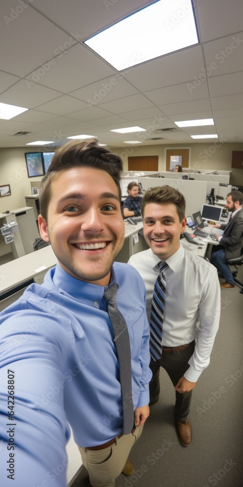 Smiling office workers looking at the smart phone camera talking to other coworkers remotely Smiling office workers looking at the smart phone camera talking to other coworkers remotely