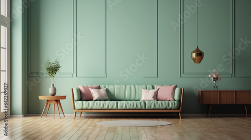 green mint wall with sofa & sideboard on wood floor-interior. Generative AI
