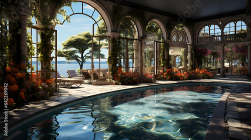 The swimming pool is in a location that has beautiful natural views