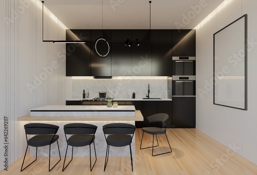 Minimal white kitchen and dining table. 3D illustration rendering