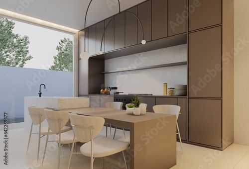 Minimal white kitchen and dining table. 3D illustration rendering