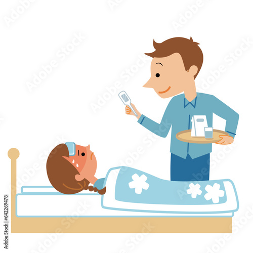 子供の看病をするお父さんのイラスト素材