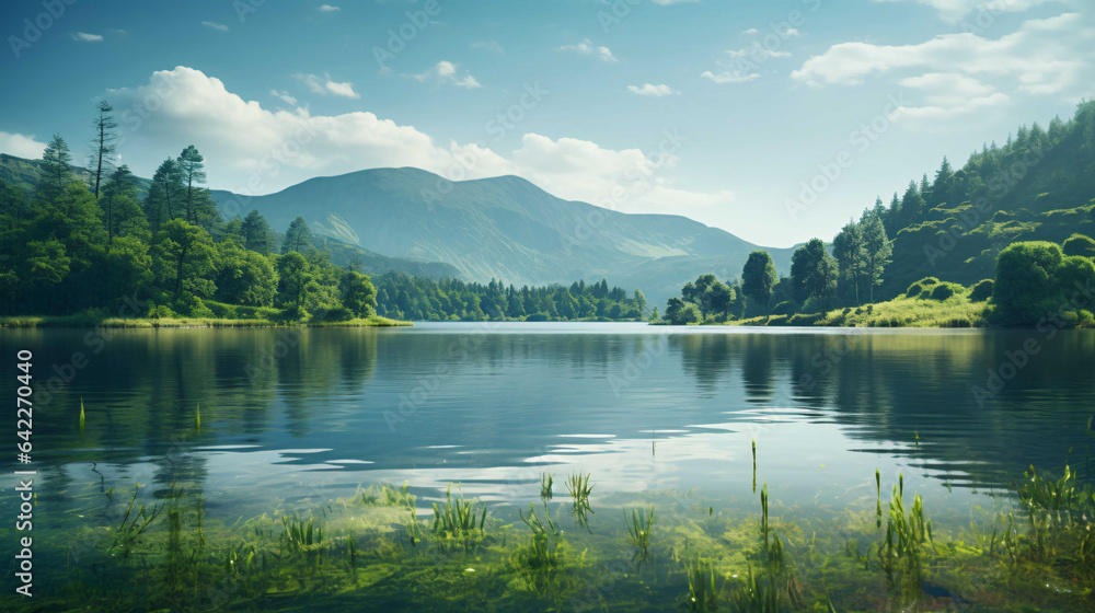 A serene and tranquil scene of a beautiful natural landscape, featuring a calm lake surrounded by lush greenery and majestic mountains in the background. - obrazy, fototapety, plakaty 