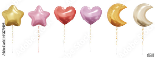 Set of realistic star, heart and moon balloons isolated on white background. Helium star balloons clipart for anniversary, birthday, wedding, party. 3D vector illustration.