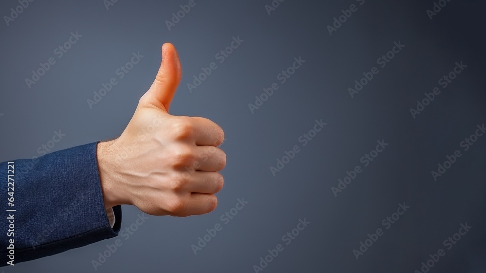 White-skinned hand in Jacket thumbs-up on a dark grey background White-skinned hand in Jacket thumbs-up on a dark grey background
