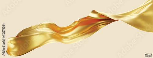 Flying gold silk textile fabric flag background. Smooth elegant golden Satin Isolated on beige Background for grand opening ceremony. Gold curtain. 3d vector illustration