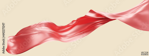 Flying Pink Peach silk textile fabric flag background. Smooth elegant Pink Peach Satin Isolated on beige Background for grand opening ceremony. Pink Peach curtain. 3d vector illustration