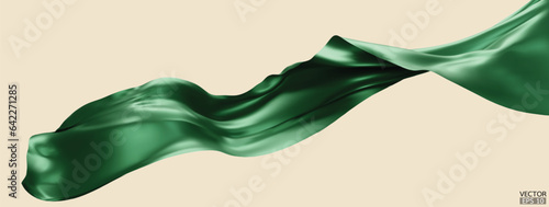 Flying green silk textile fabric flag background. Smooth elegant green Satin Isolated on beige Background for grand opening ceremony. Green curtain.