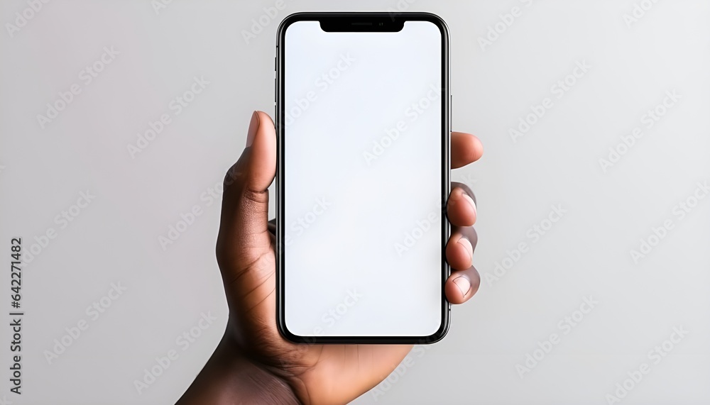 The hand of a Black person holding a cell phone, with a white background and workspace.

