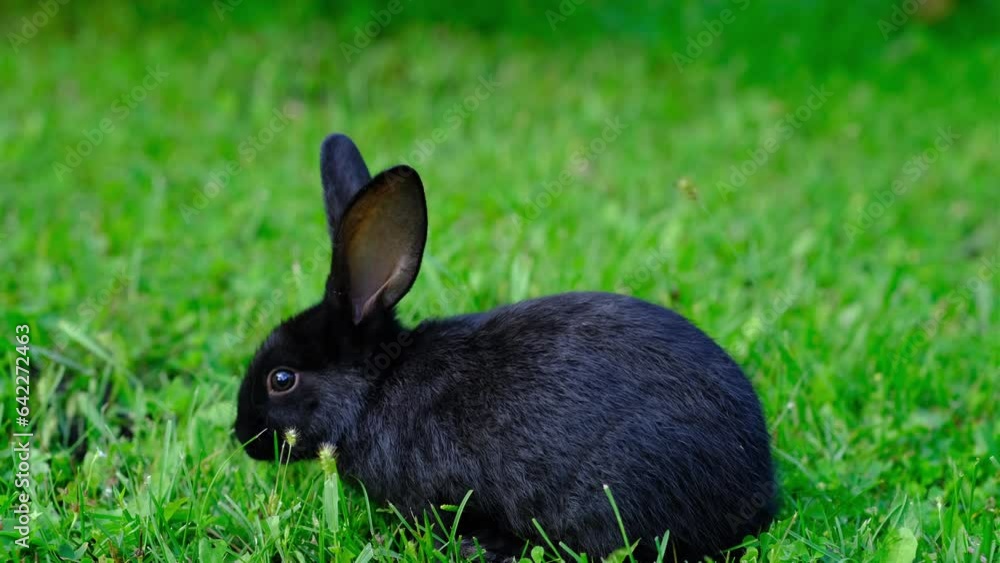 Black rabbit on green grass eat grass. Rabbit with big ears walking in the garden on the lawn. There is a free space for texter in the photo.