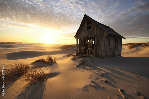 Illustration of a wooden shack on the sandy beach photo
