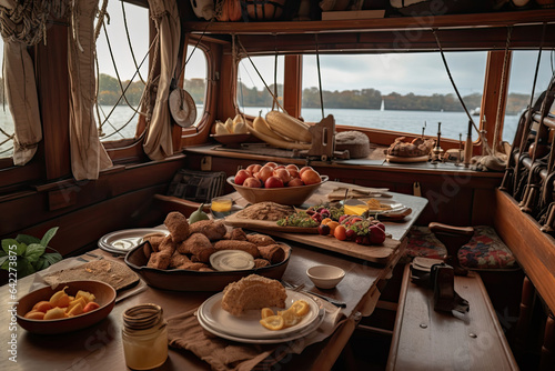 Illustration of a rustic fall meal aboard a boat or in a cabin on the lake