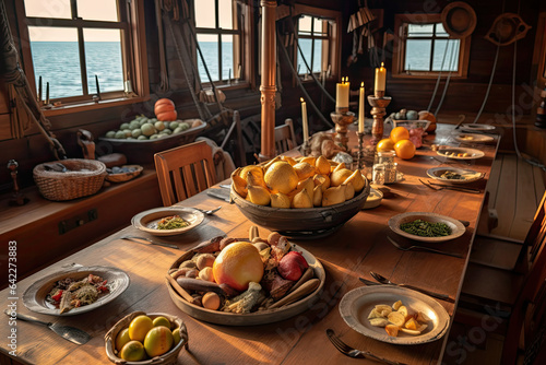 Illustration of a rustic fall meal aboard a boat or in a cabin on the lake