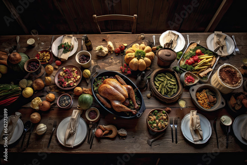 Illustration of a rustic fall meal on a wooden table