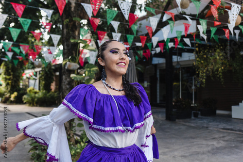 Latin Woman in Traditional Mexican Dress Dancing at parade or cultural Festival in Mexico Latin America, hispanic people in independence day festival party