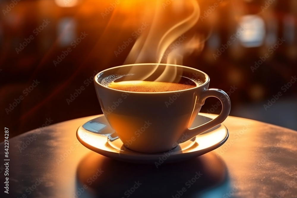 A cup of hot coffee and steam on the table in the cafe with morning sunlight, background with copy space, close up shot.