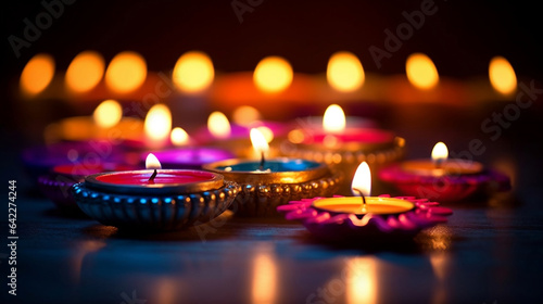 Diwali festival celebration, colorful diyas candles and clay lamps glowing, festival of lights concept background with copy space.