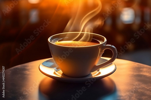 A cup of hot coffee and steam on the table in the cafe with morning sunlight, background with copy space, close up shot.
