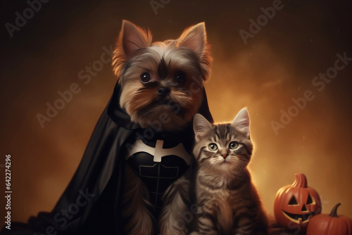 A dog and a cat in fancy costume with jack o'lantern pumpkin and Halloween decorations, adorable pet in Halloween.