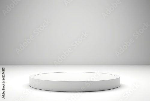 An empty white podium pedestal stands against a pure white background, creating a minimalist and captivating setting for product presentation. Made with generative AI technology © mafizul_islam