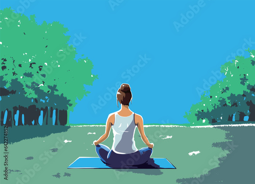 A woman does a yoga lotus pose in an early summer park surrounded by blue skies, trees, and grass. A woman meditating outdoors. Woman doing yoga or pilates in the park.