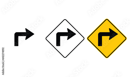 icon turn right yellow outline traffic warning sign design for yellow background and black and white background