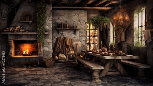 Interior design inspiration of Rustic Industrial style home dining room loveliness decorated with Stone and Wood material and Fireplace .Generative AI home interior design .