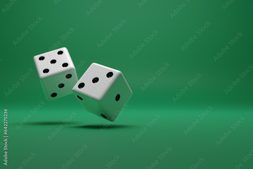 Closeup view of two dice on green background with copy space. 3d illustration. Closeup view of two dice on green background with copy space. 3d illustration.