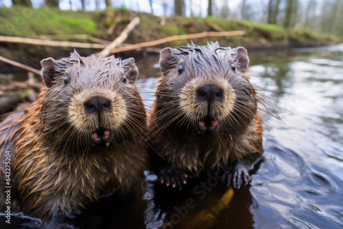 Angry beavers in the water © Veniamin Kraskov