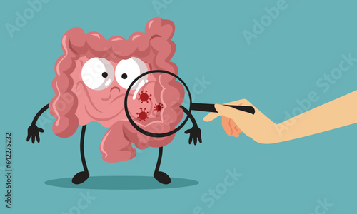 Inspecting Sick Bowl Intestine with a Magnifying. Glass Vector Cartoon. Doctor looking at intestines with magnifier

