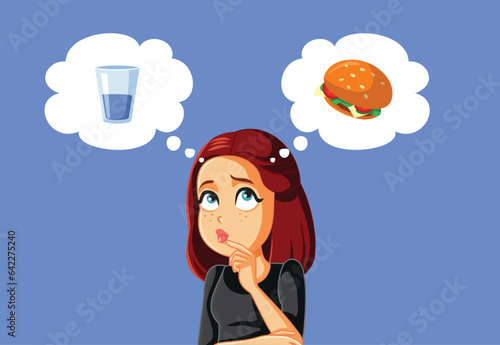 Woman Thinking if She is Thirsty or Hungry Vector Cartoon Illustration. Girl trying to decide either to eat or drink hi
