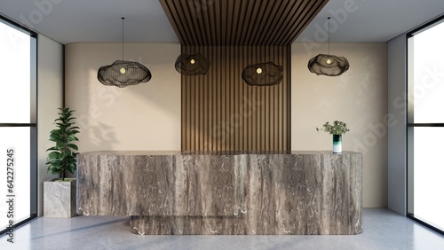 Interior design contemporary and luxurious modern reception desk, 3D illustration rendering