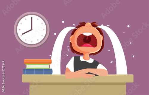Sad Student Boy Crying at his Desk Vector Cartoon Illustration. Stressed schoolboy feeling emotional going back to school
