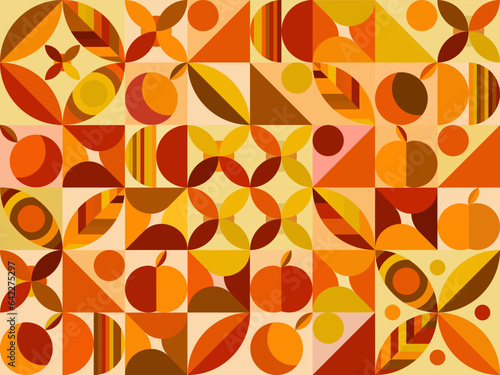 Hand drawn flat design geometric mosaic pattern with leaves and fruit shapes for background