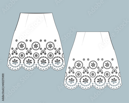 flat technical sketch drawing template A-line skirt with lace fashion details. vintage lace cotton design vector illustration. lace fashion CAD mock-up design for clothing, garments, apparel.