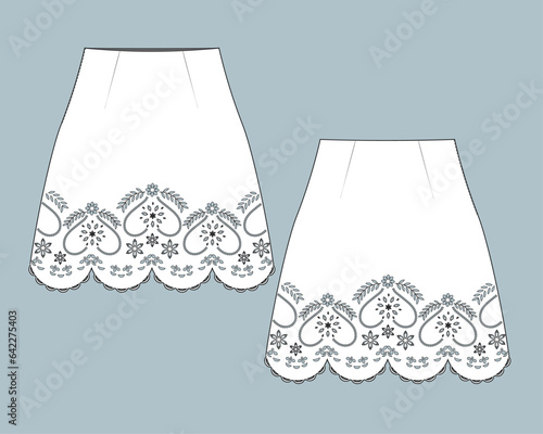 flat technical sketch drawing template A-line skirt with lace fashion details. vintage lace cotton design vector illustration. lace fashion CAD mock-up design for clothing, garments, apparel.