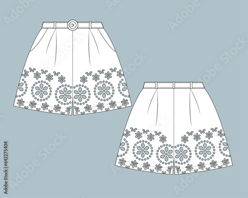 flat technical sketch drawing template A-line skirt with lace fashion details. vintage lace cotton design vector illustration. lace fashion CAD mock-up design for clothing, garments, apparel.