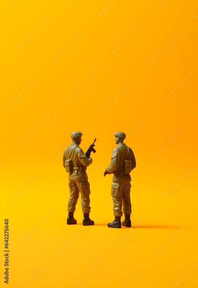Toy soldiers reimagined in a vibrant pop art and minimalist style, invoking the nostalgia of childhood play.